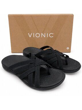 Vionic Tia Sandals Womens 8 Black Orthotic Stretch Slide Slip On Comfort Shoes